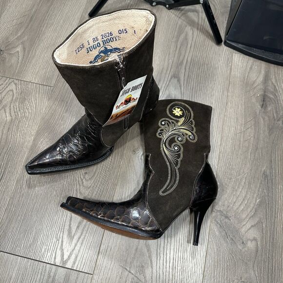 New Jugo Ladies Boots Botas Mexico Leather Snakeskin Suede Pointed Toe Heel 8.5 - Picture 1 of 7